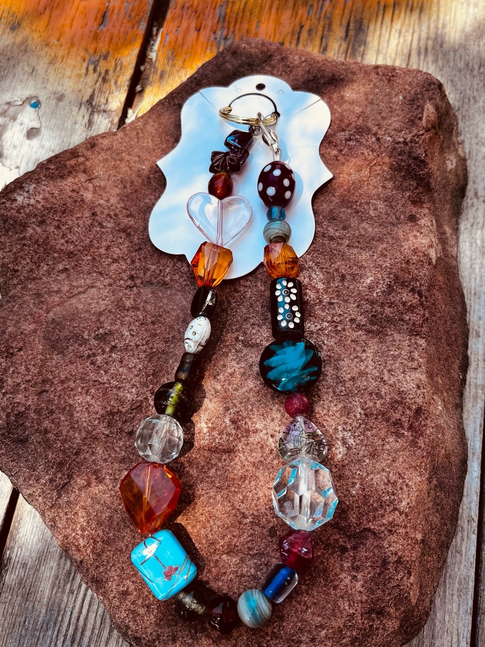 Multicolor Glass Bead Hummingbird hanger with Heart Accent 16” long